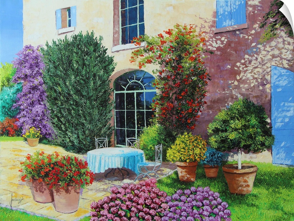 Colorful contemporary painting of a house surrounded blooming flowers and foliage.