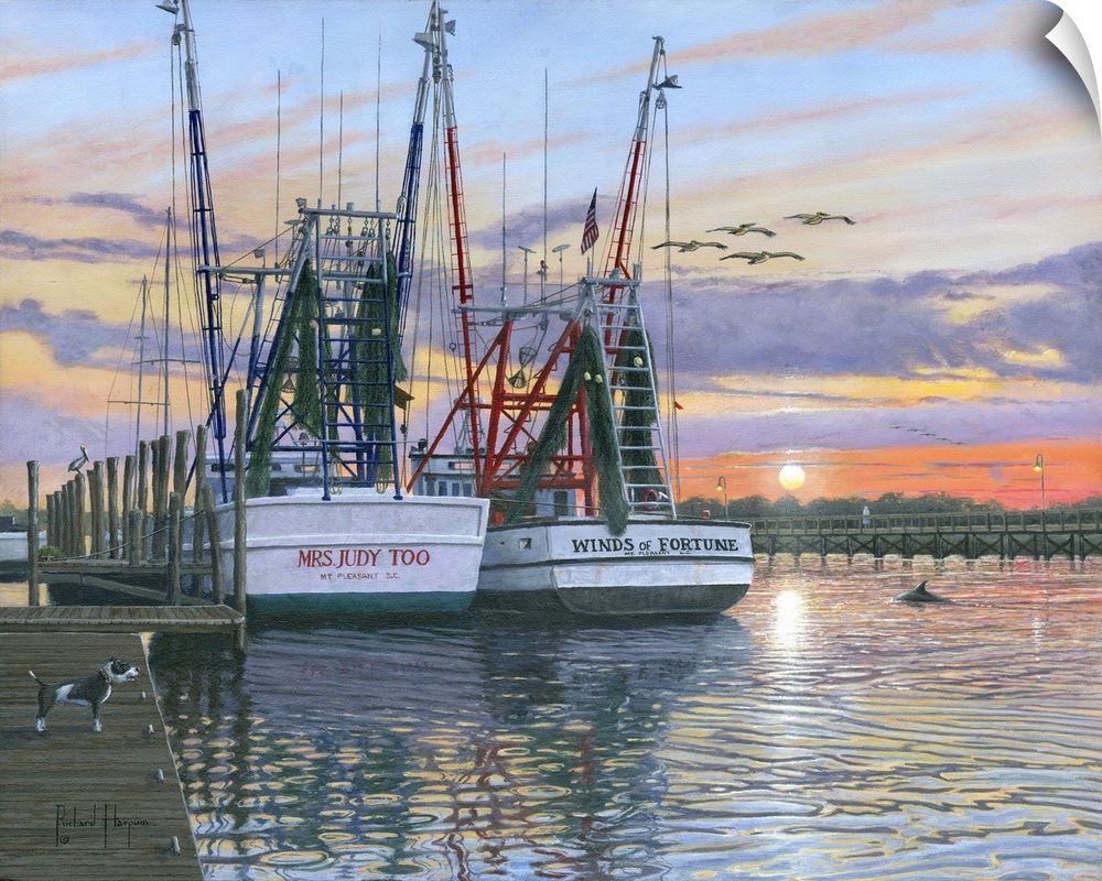 Contemporary artwork of two fishing oats sitting in a harbor at sunset.