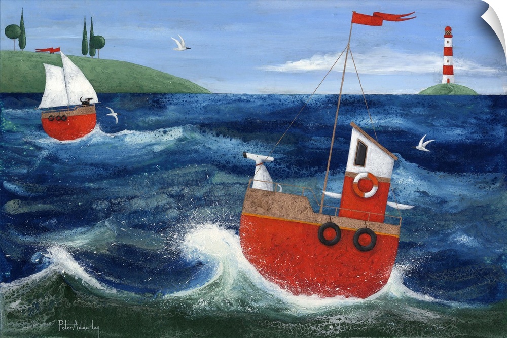Contemporary painting of a white dog on the front of a red boat sailing on the sea.