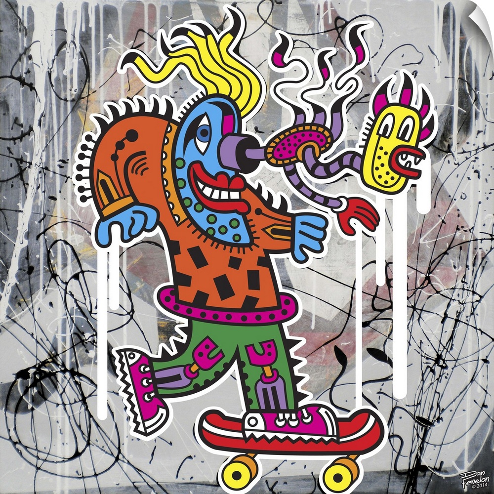 Contemporary painting of a colorful and decorative monster riding a skateboard against an abstract background.