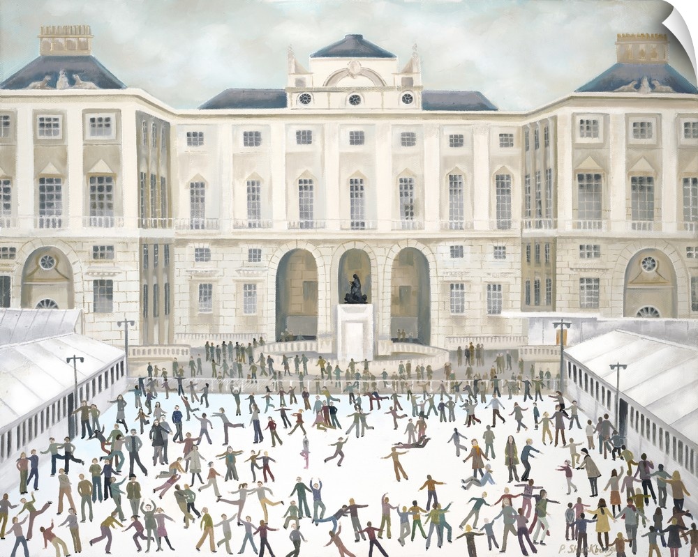 Contemporary painting of people ice skating in front of the Somerset House.
