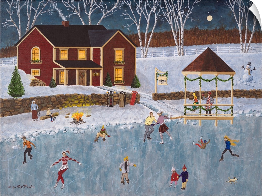 Americana scene of ice skaters on a frozen pond on a winter evening.