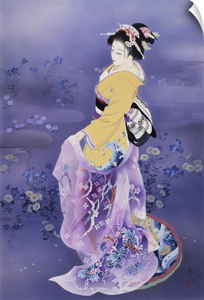 Contemporary colorful Asian art of a Geisha in beautiful ornate clothing.