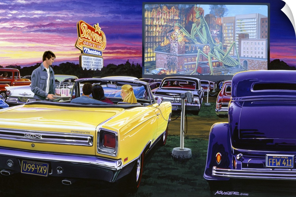 Artwork of a drive in movie theater with classic cars parked in front of the screen and a sunset sky in the distance.