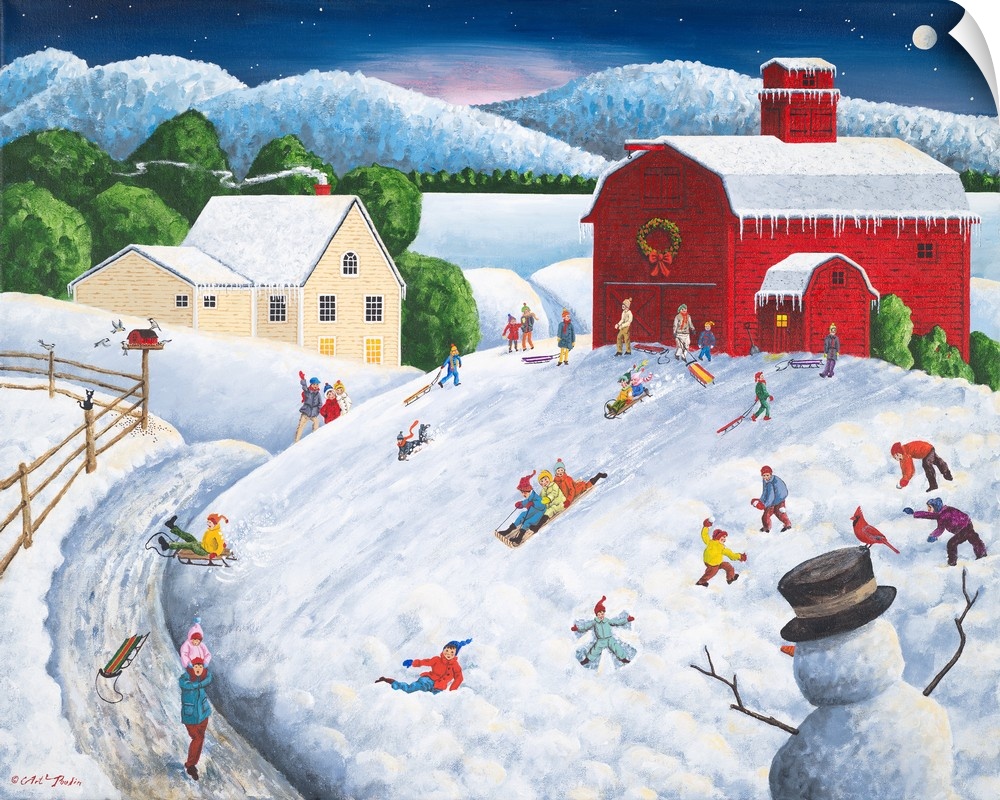 Americana scene of children sledding on a hill near a red barn.
