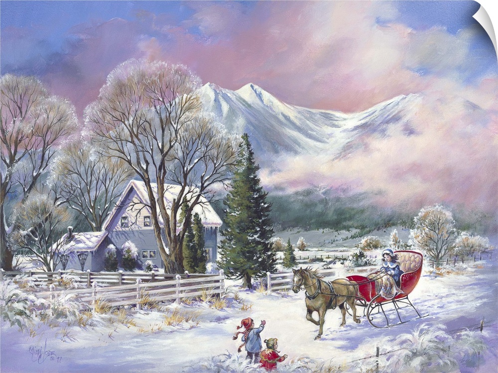 Contemporary painting of two children waving to a horse drawn sleigh in winter.