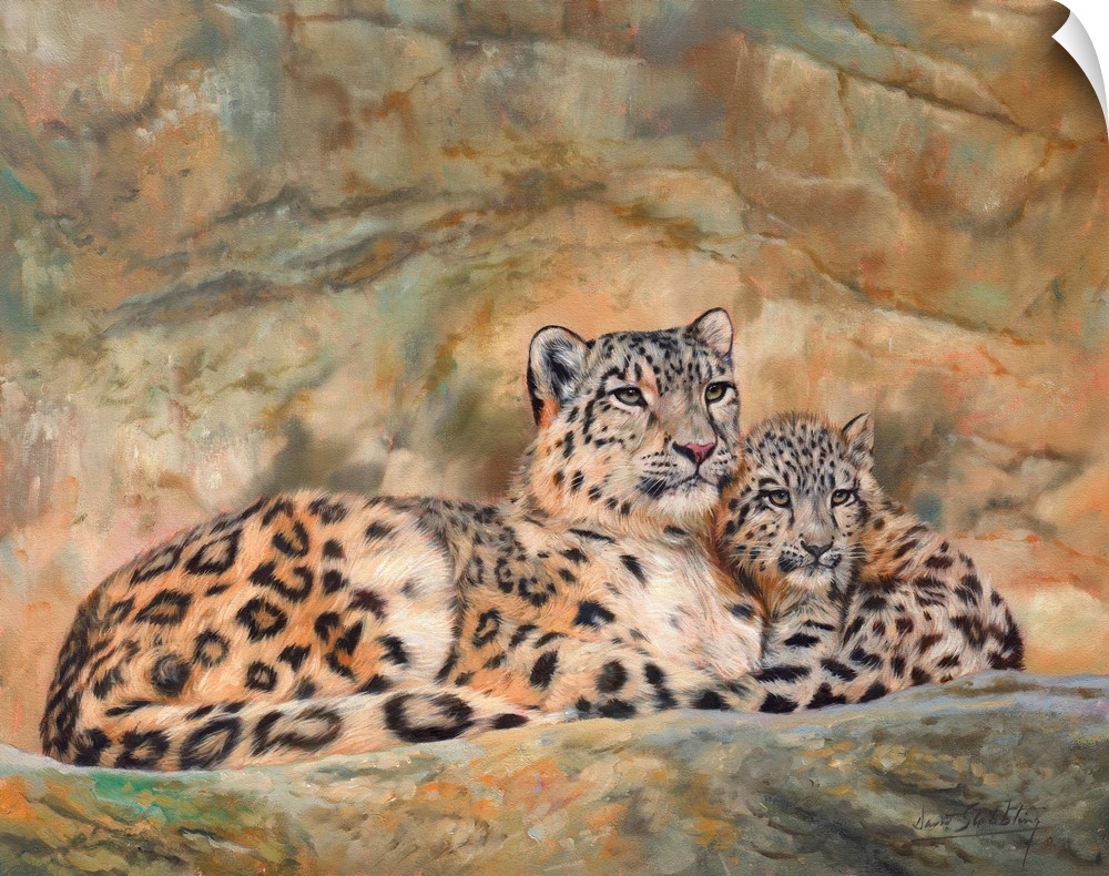 Snow Leopard mother and cub. Oil on canvas.
