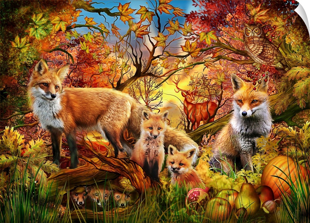 Illustration of a family of foxes in the Fall colored woods.