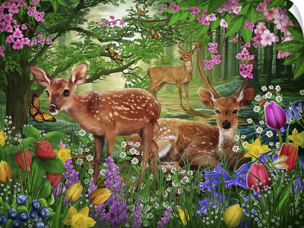 Whimsy illustration of deer and a fawn in lush green woods surrounded by wildflowers and fruit.