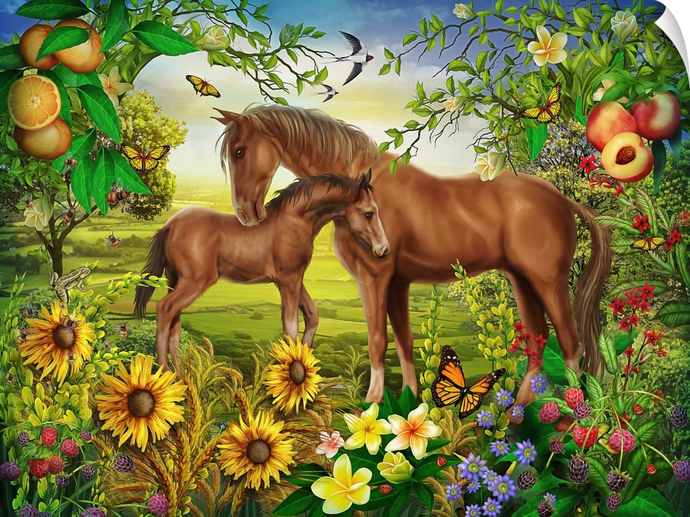 Whimsy illustration of a horse and a pony in a field filled with wildflowers and fruit trees.