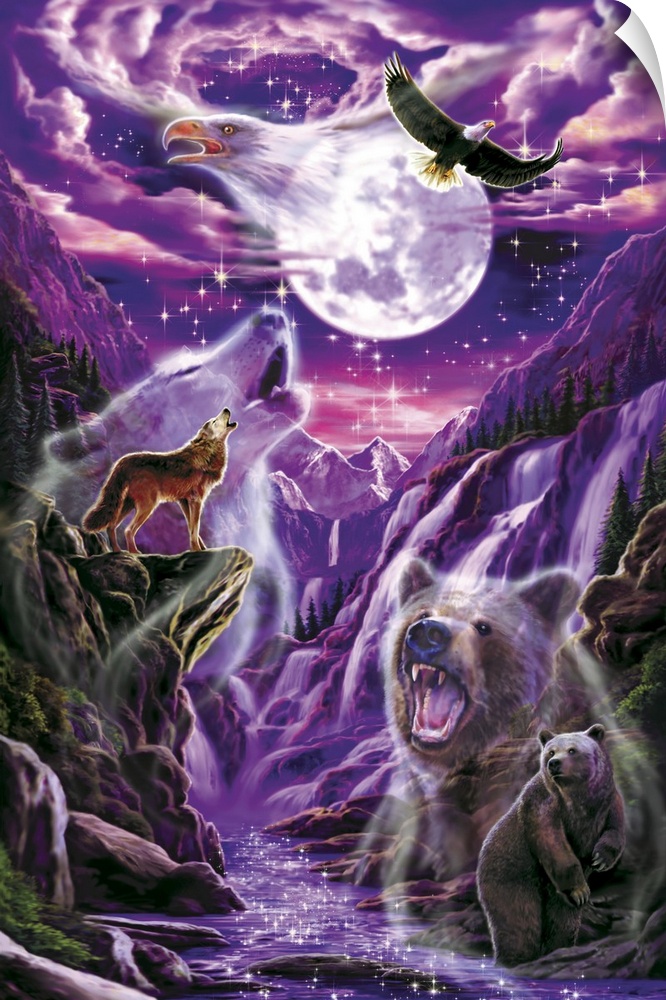 This fantastic vertical artwork made with very vivid colors shows a bald eagle, brown bear, and a wolf in a river canyon u...
