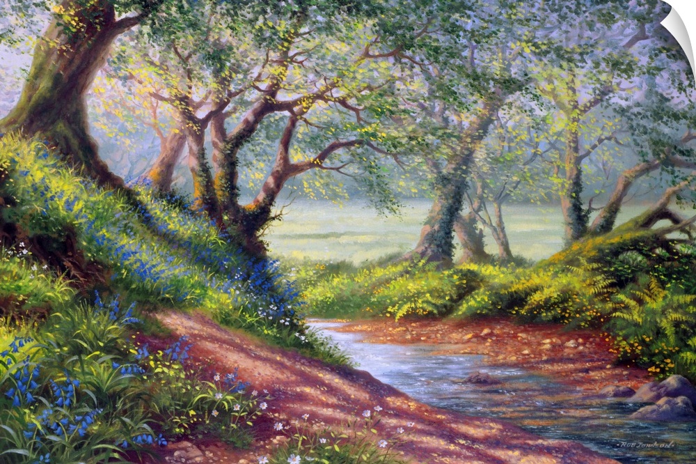 Contemporary painting of a stream running through a forest.