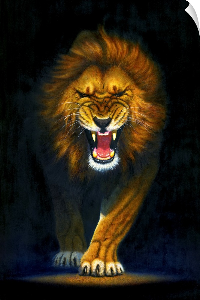 A large vertical painting of a lion as it walks forward and snarls showing its teeth.