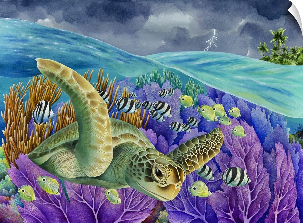 Whimsy watercolor painting of a sea turtle surrounded by tropical fish in the reefs, while overhead is an overcast, stormy...