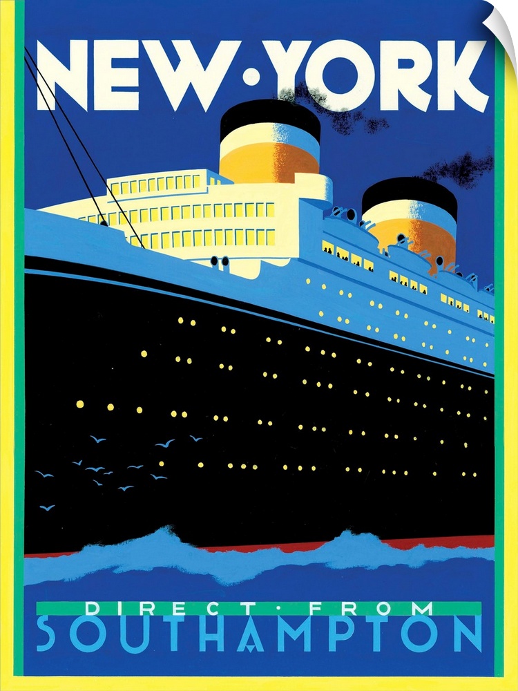 Contemporary retro stylized travel poster for ship transportation to New York.