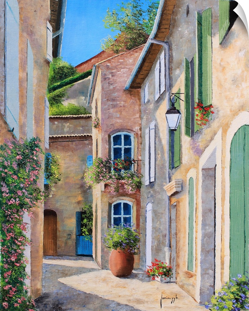 Contemporary painting of a European village alley.