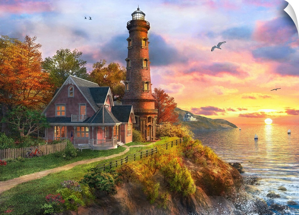 Illustration of the lighthouse overlooking an ocean at sunset.