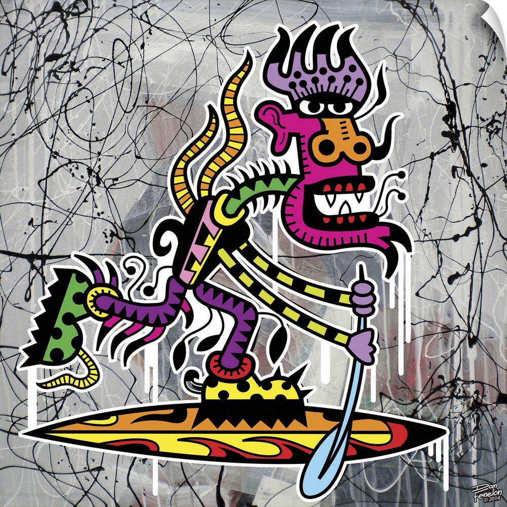 Contemporary painting of a colorful and decorative monster paddle boarding, against an abstract background.