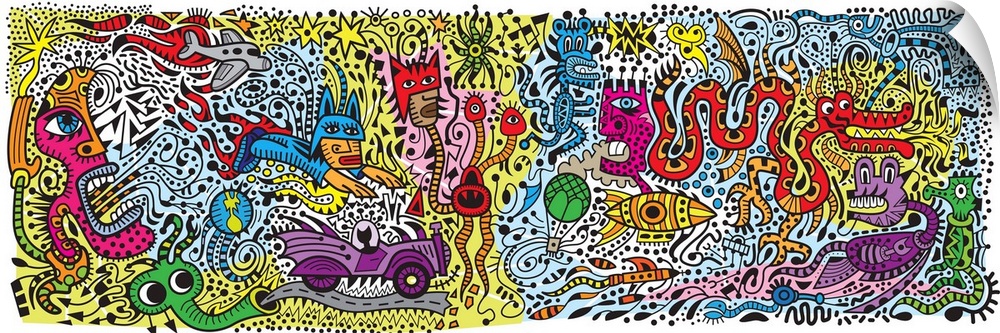 Contemporary mural artwork of monsters and other abstract figures in a confusion of colors and patterns.