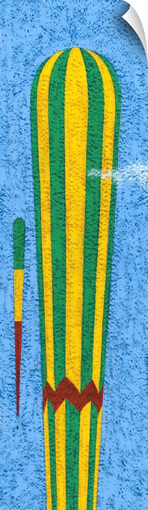 Contemporary painting of a tall yellow and green striped hot air balloon against a blue sky.
