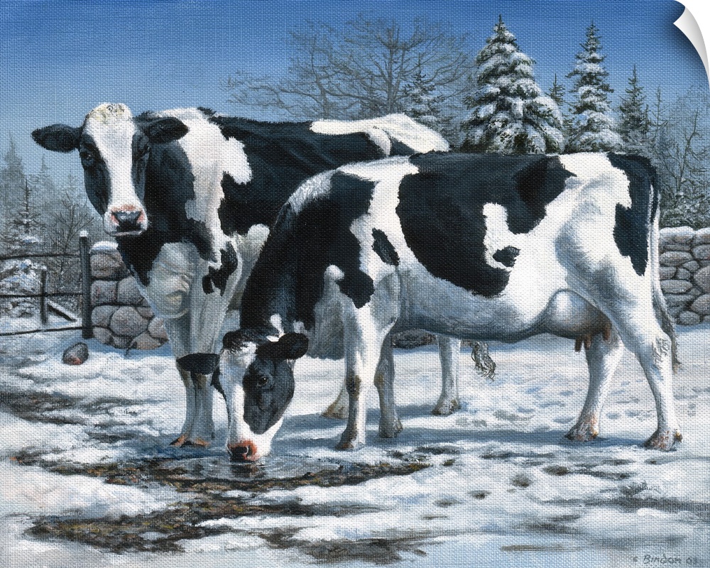 Contemporary painting of cows standing in a paddock in the winter.