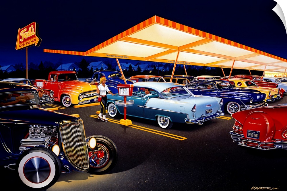 Landscape, large wall art of an early 60s drive-in at night, with a car hop. Many classic cars are parked, including a 193...
