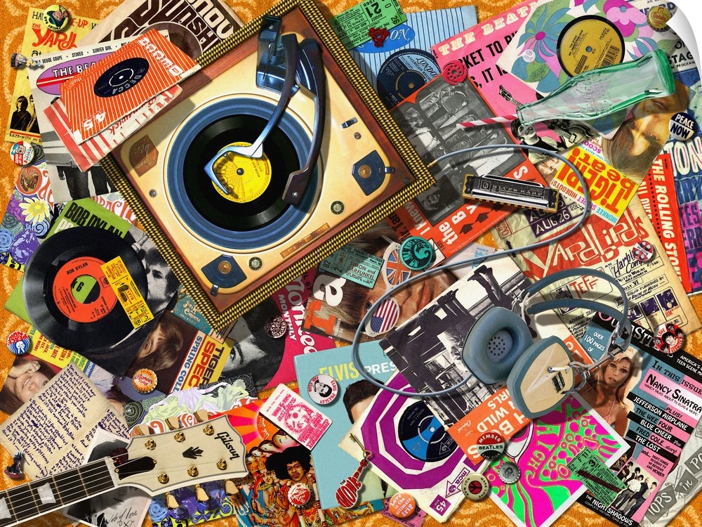 Collage of vintage records and various music paraphernalia from the 60's.