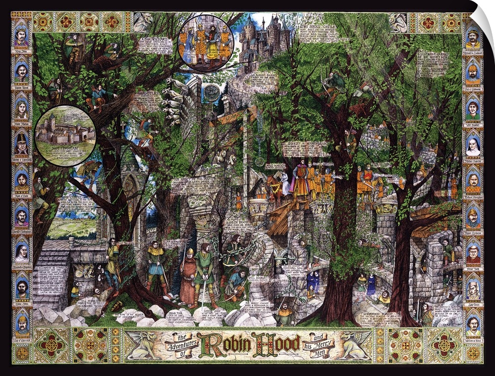 Scene in Sherwood forest and major characters from the story in the border.