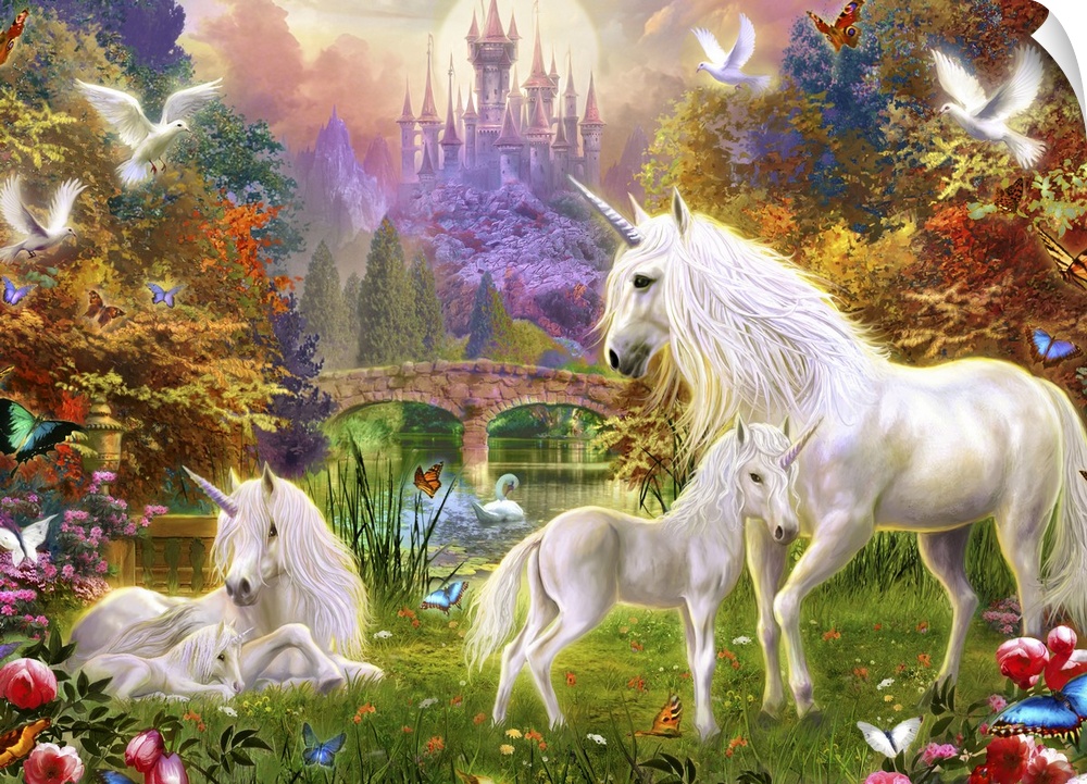 Fantasy art featuring a family of unicorns in a garden of flowers and animals in front of a castle.