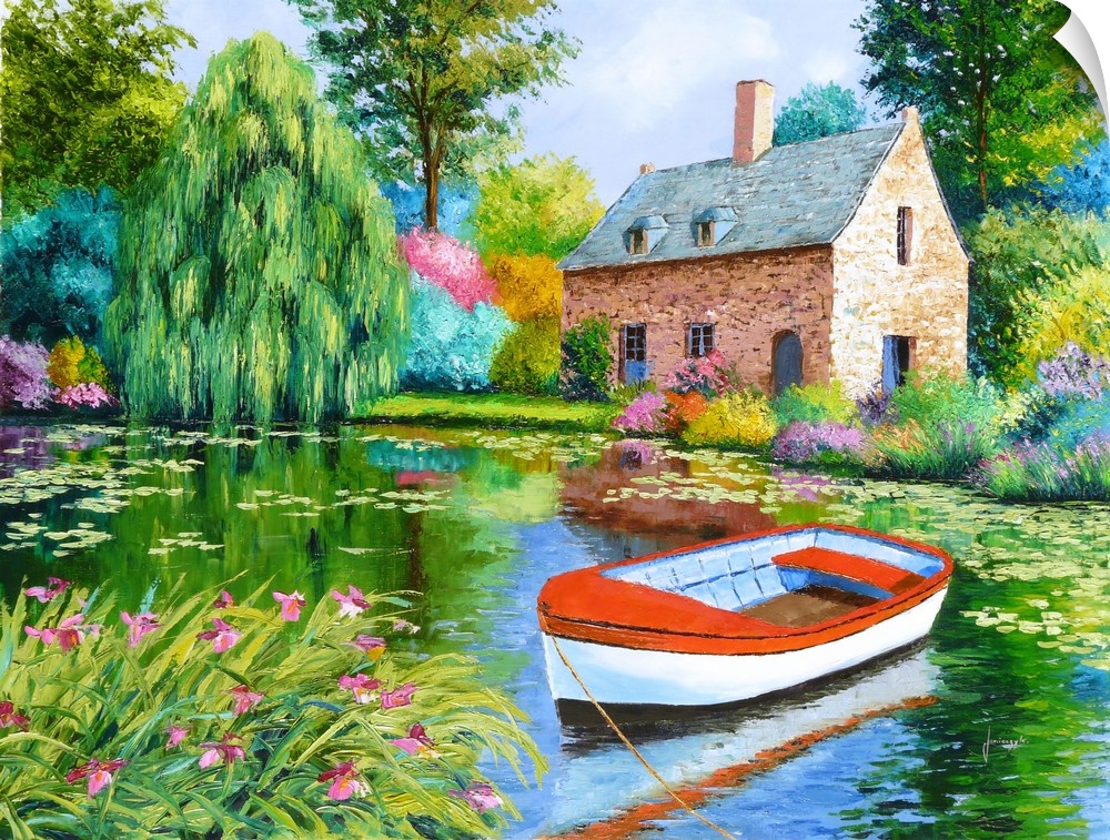 Contemporary painting of a boat resting in a pond in front of a countryside cottage.