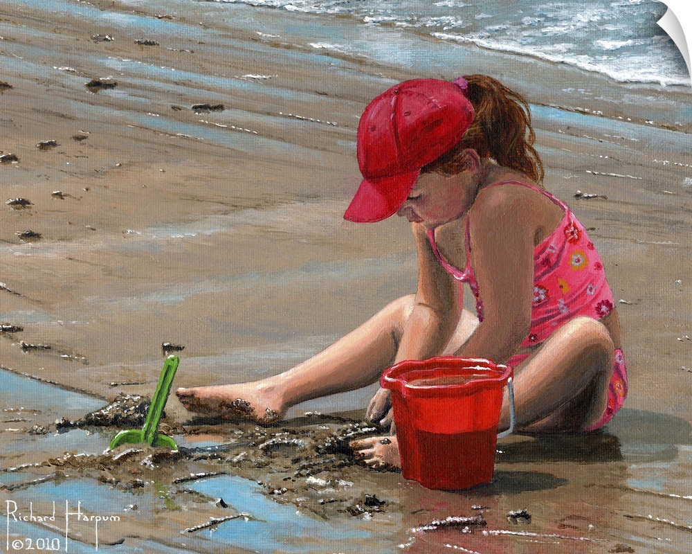 Contemporary artwork of a little girl playing in the sand on the beach.