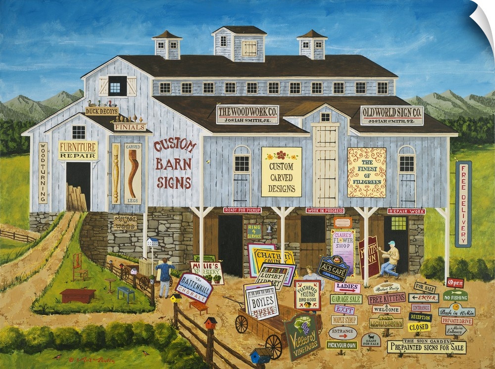 Americana scene of a store selling custom wooden signs.