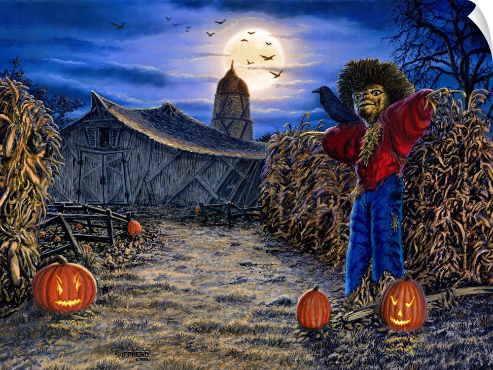 On Halloween a scarecrow and his friends the pumpkins and crows greet passers-by on the path to a Spooky barn. Apparently ...