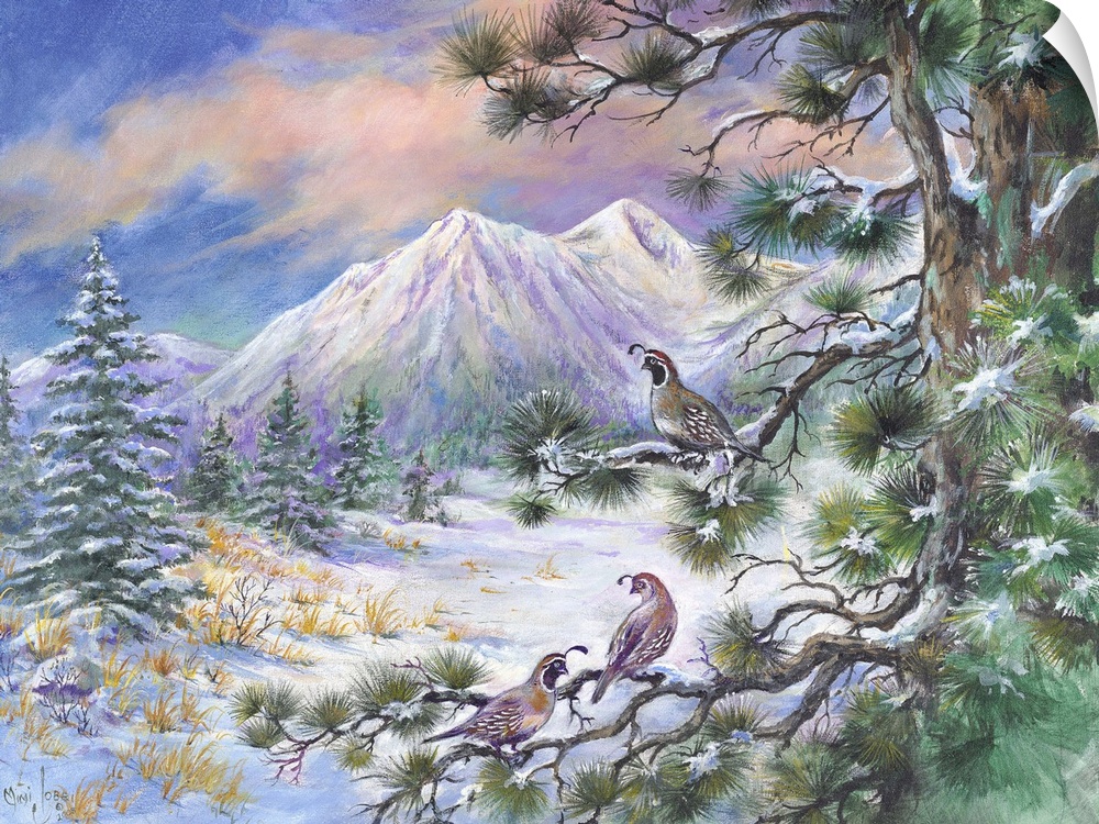 Contemporary painting of quails resting on a tree, looking out at mountains.