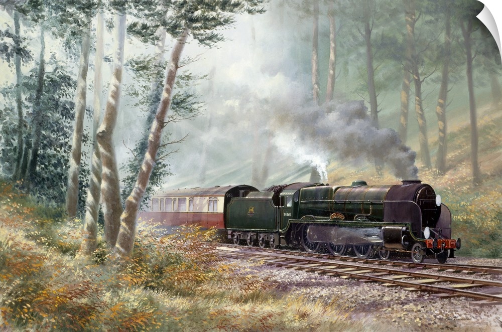 Contemporary painting of a train traveling through a rural landscape.