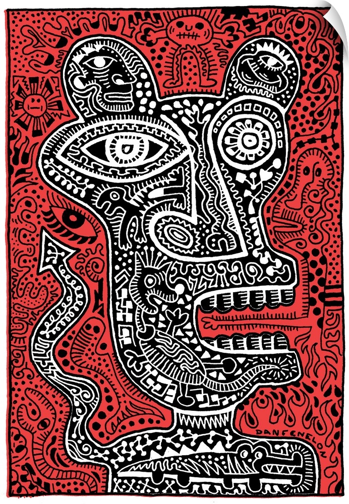 Contemporary abstract artwork of a monster head with intricate and detailed patterns, against a red background