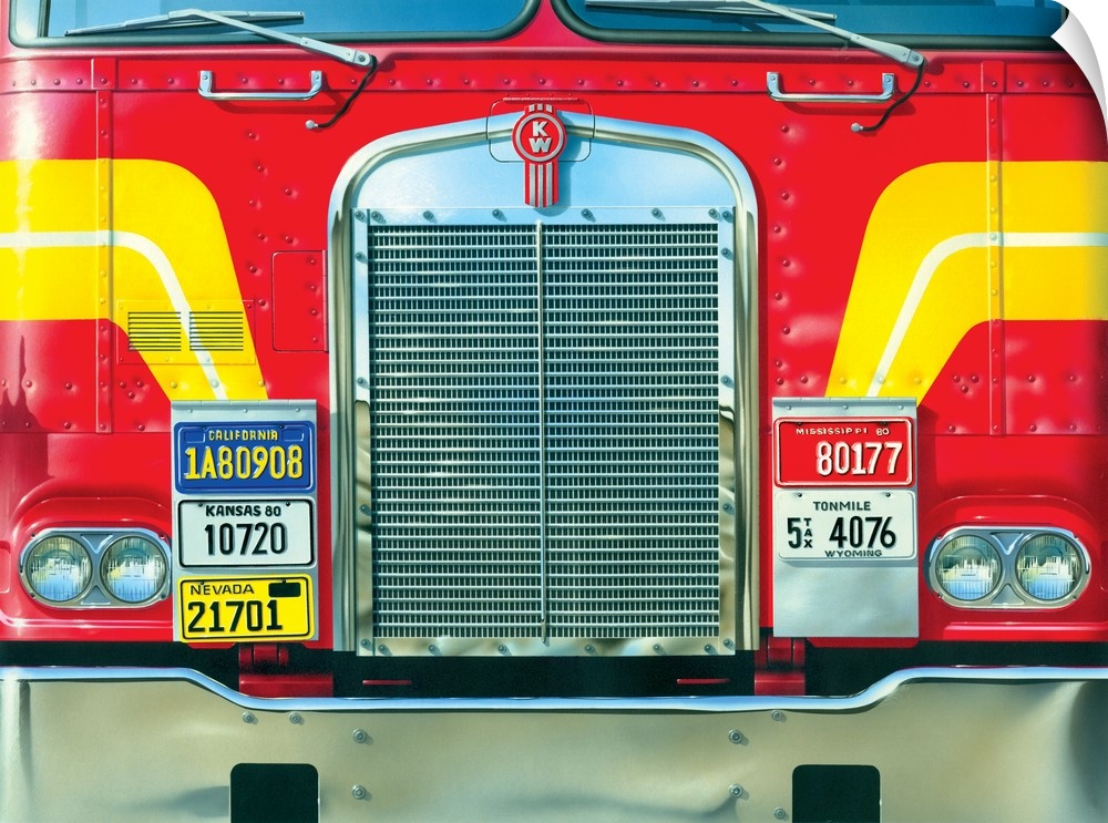 Contemporary artwork of the front of a very large red truck with yellow stripes.