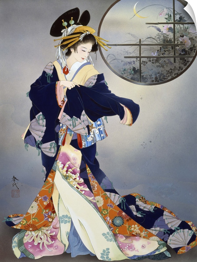 Contemporary colorful Asian art of a Geisha in beautiful ornate clothing.