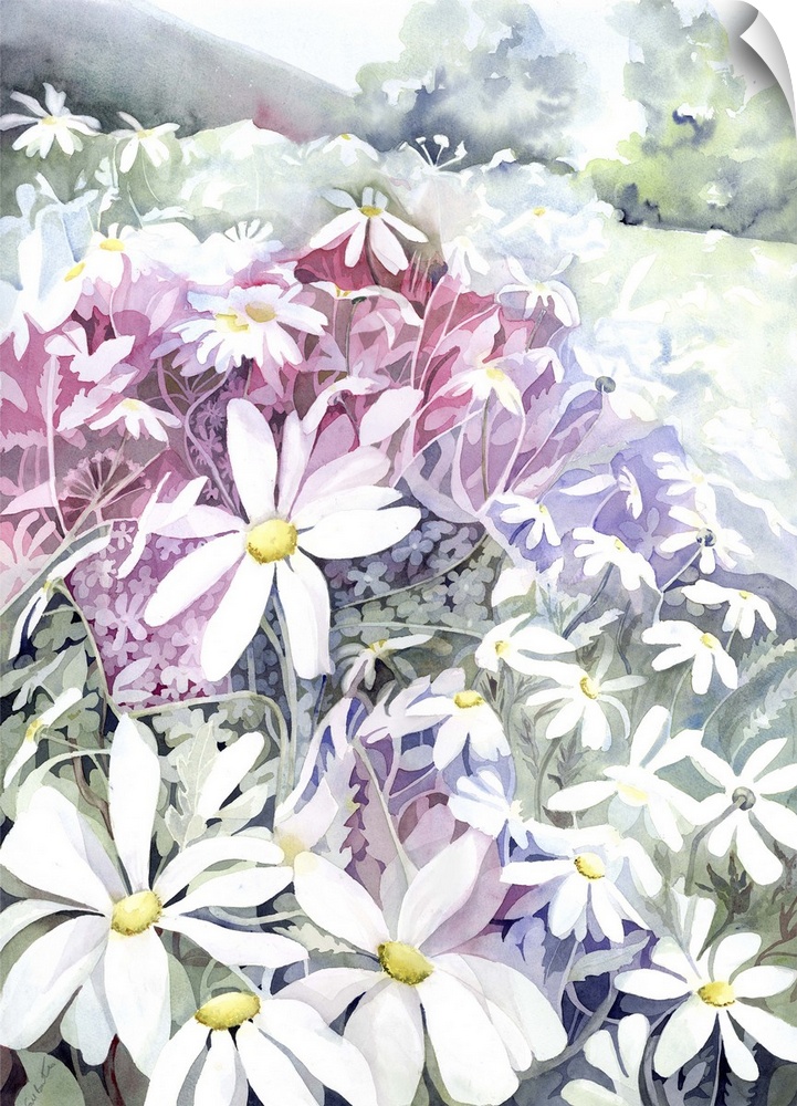 Watercolor artwork of a field of flowers.