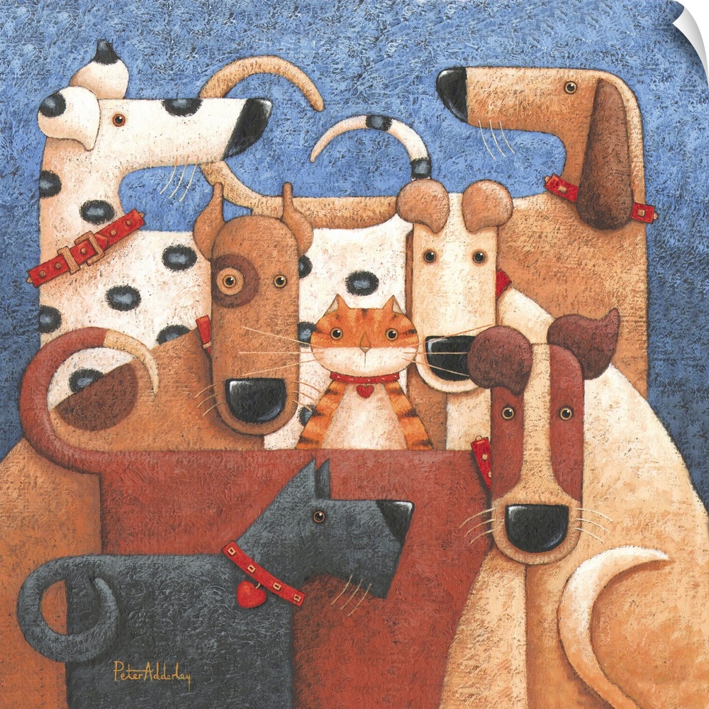 Contemporary painting of a group of dogs all huddled together, with a a cat poking its head out from the middle of the group.
