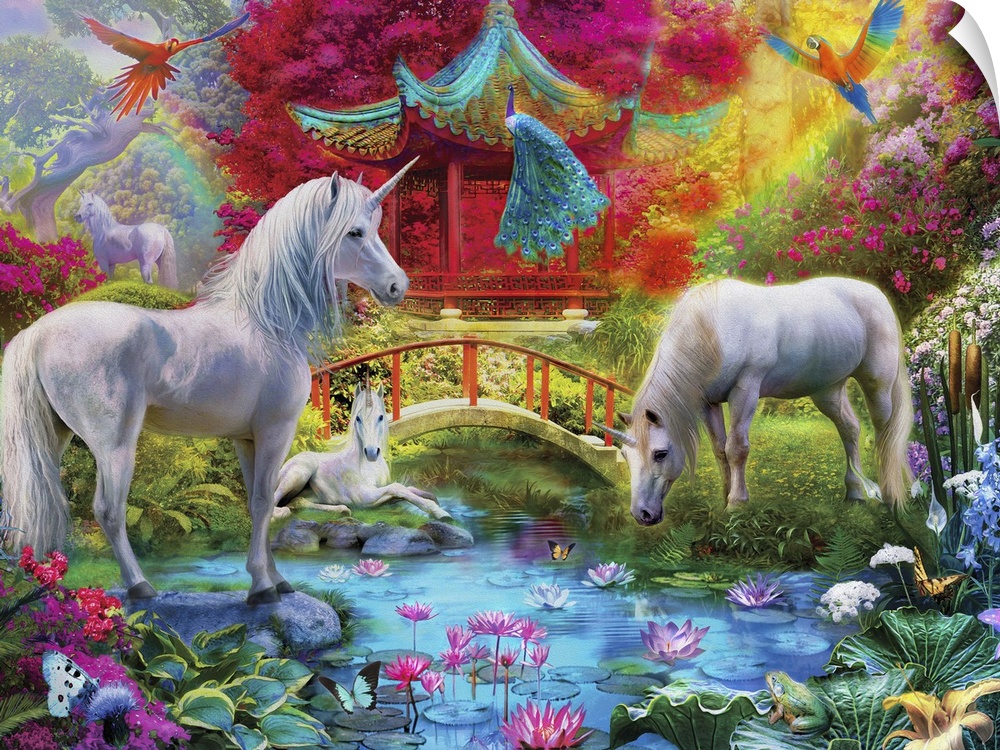 Fantasy illustration of unicorns at a pond filled with lily pads and lotus flowers with a bridge rainbows in the background.