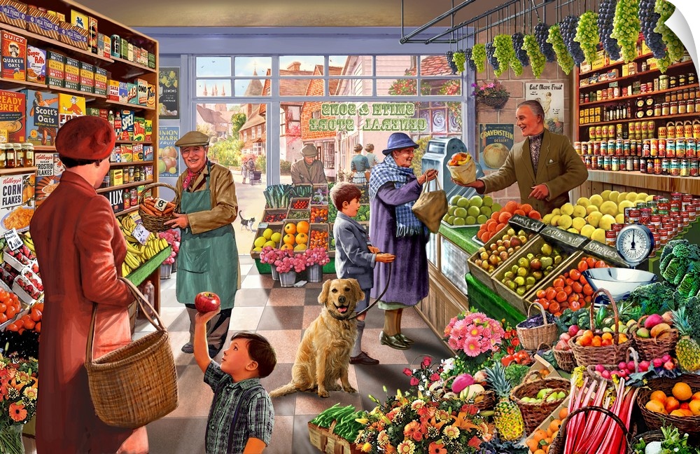 Scene in a greengrocer's shop in 1950's.