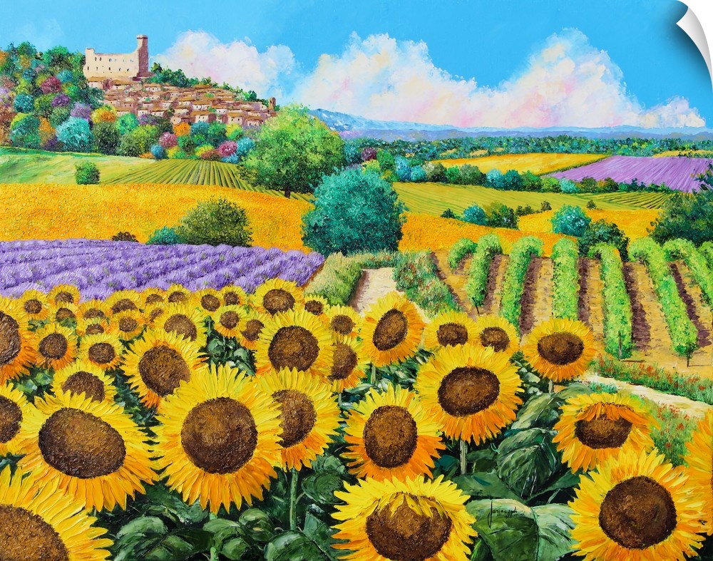 Painting of a countryside field of massive yellow sunflowers and rows of vineyards,