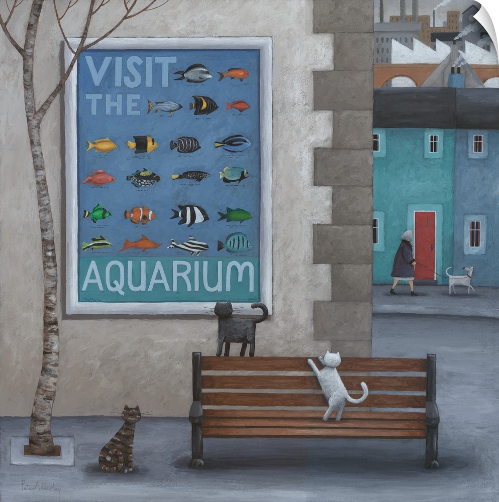 Contemporary painting of a cats on a city sidewalk looking at an aquarium advertisement with images of fish on it.