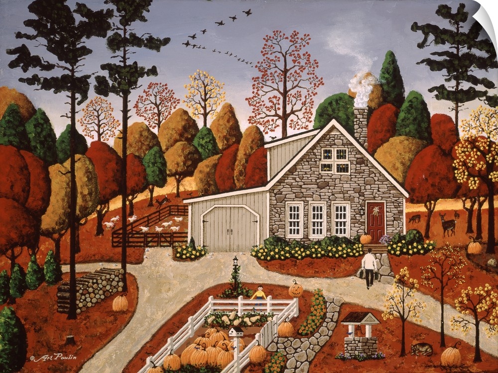 Americana scene of a small house in autumn with several pumpkins.