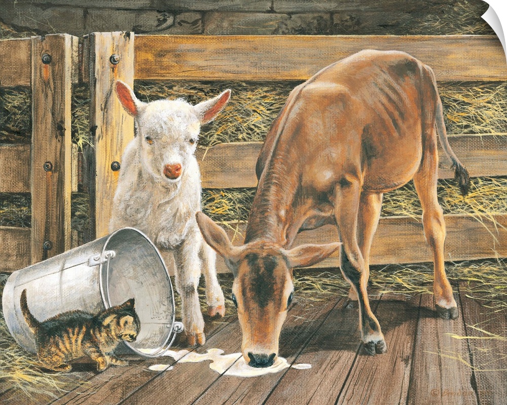 Contemporary painting of farm animals knocking over a pail of milk.