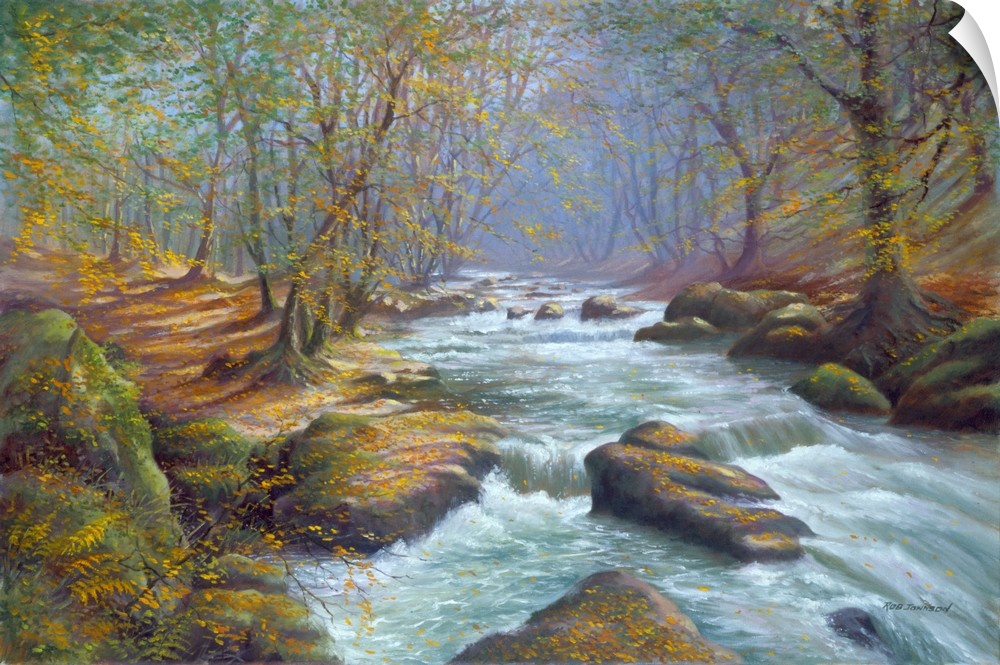 Contemporary painting of a river moving quickly through a forest.