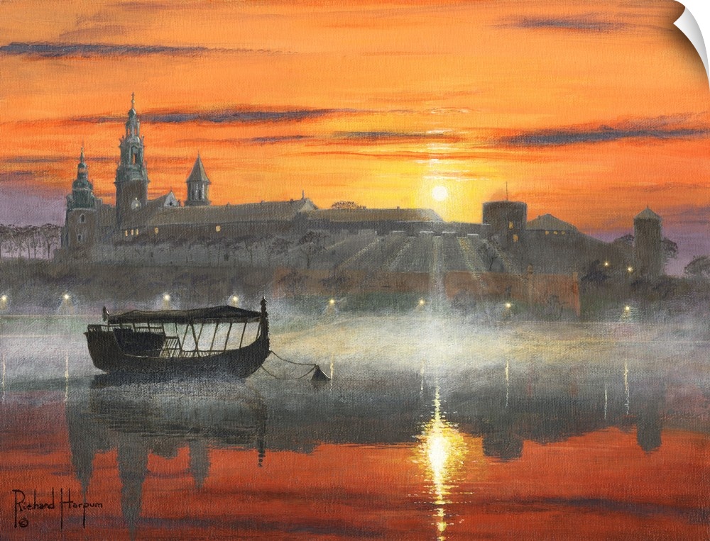 Contemporary artwork of a silhouetted boat on a misty river in the early morning, with a city in the background.