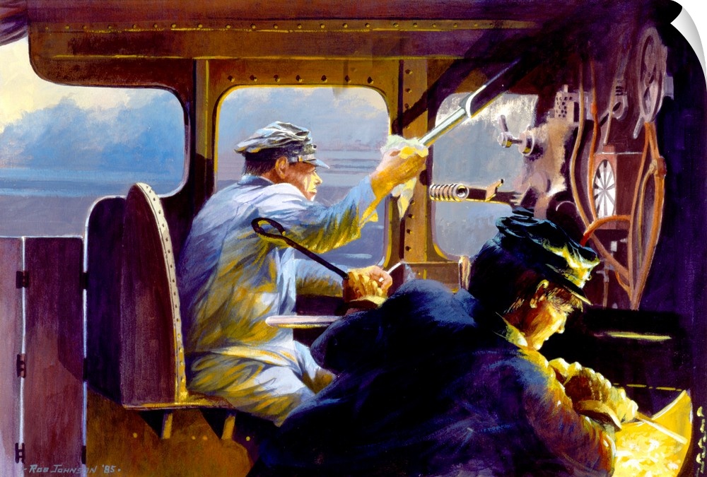 Contemporary painting train engineers driving a steam engine.