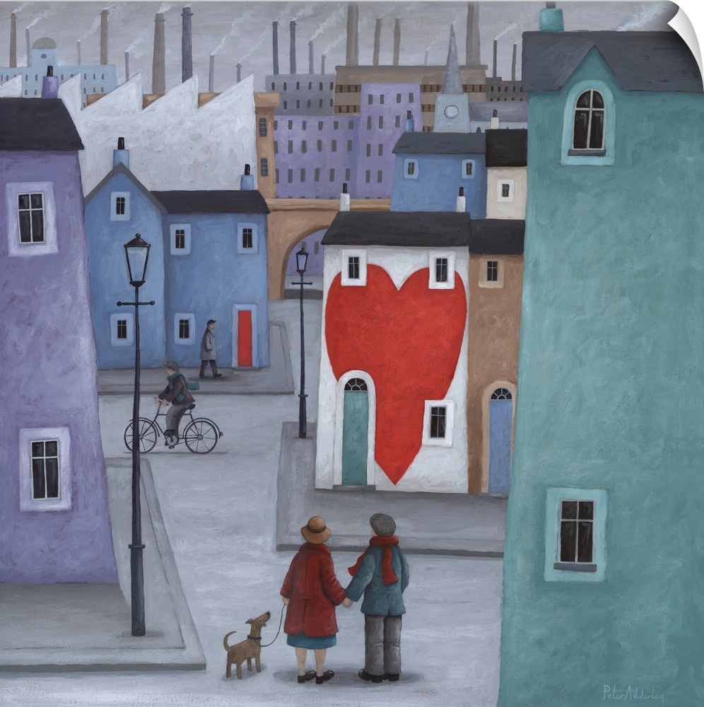 Contemporary painting a couple walking a dog and stopped int he street looking at a house with a giant heart painted on it.